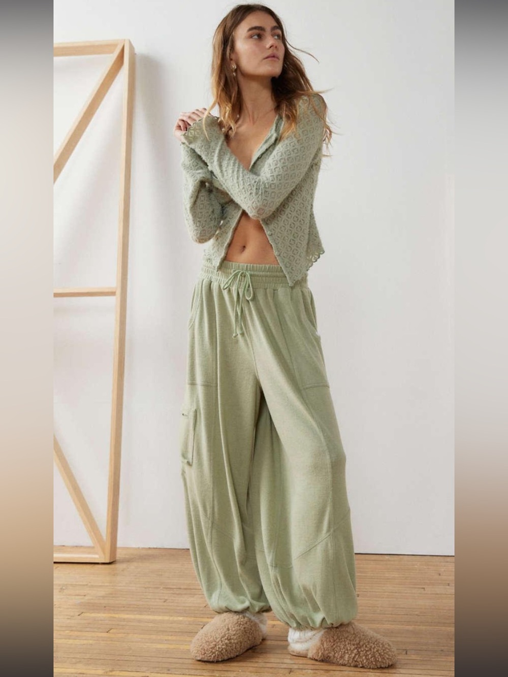 Urban Outfitters Light Sage Wide-Leg Cargo Joggers